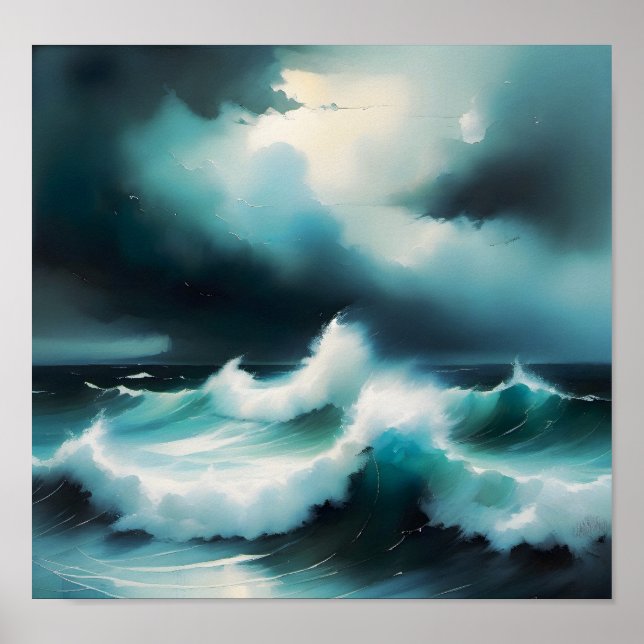 Beautiful cool Blue Ocean waves painting Poster (Front)