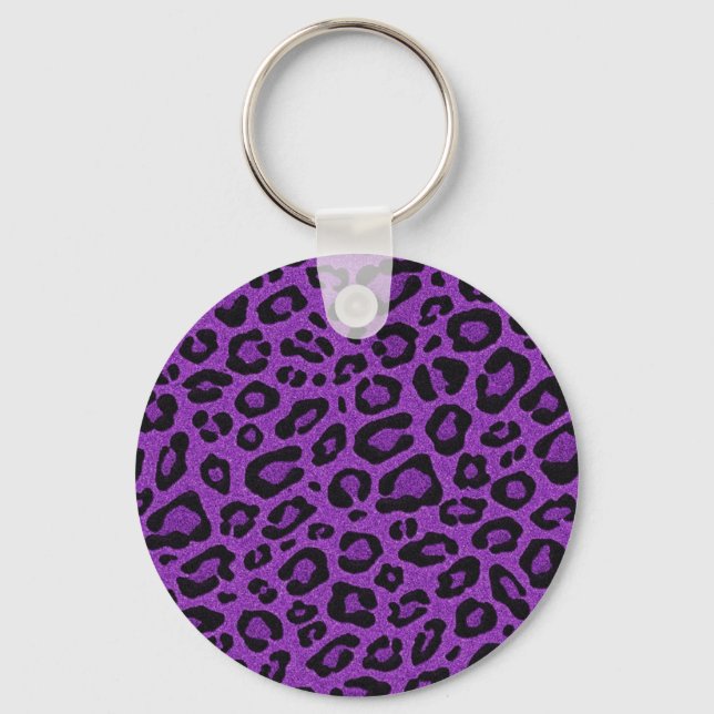 Beautiful cool purple leopard skin glitter effects key ring (Front)