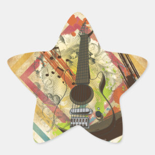 Beautiful cool vintage guitar music notes star sticker