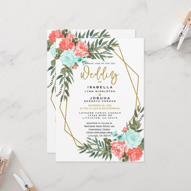 Beautiful Coral and Light Teal Floral Invitation (Front/Back In Situ)