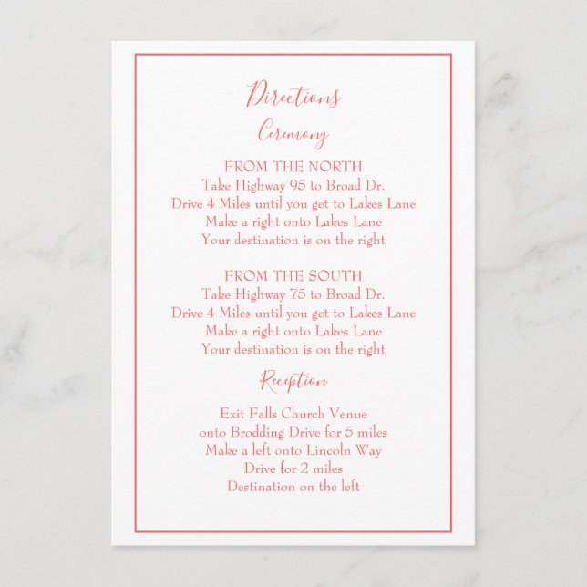 Beautiful coral and white directions  enclosure card (Front)