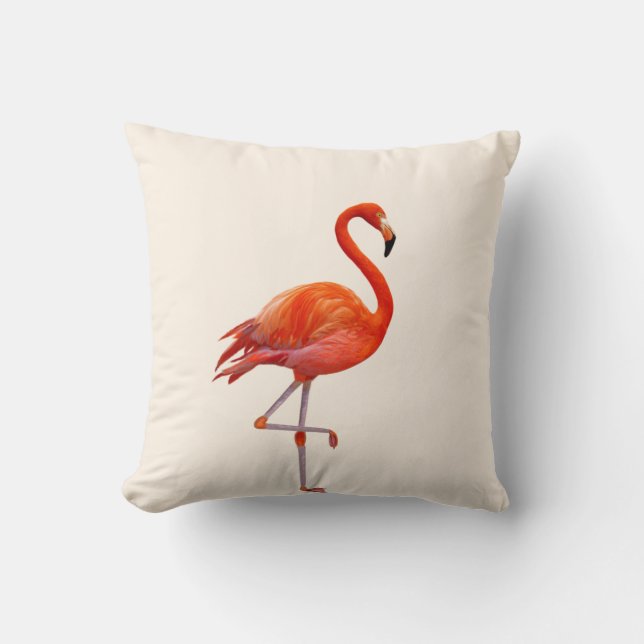 Beautiful Coral Pink Flamingo on Light Sand Beige Cushion (Front)