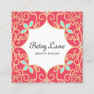 Beautiful Coral Red Rose Gold Swirls Beauty Salon Square Business Card