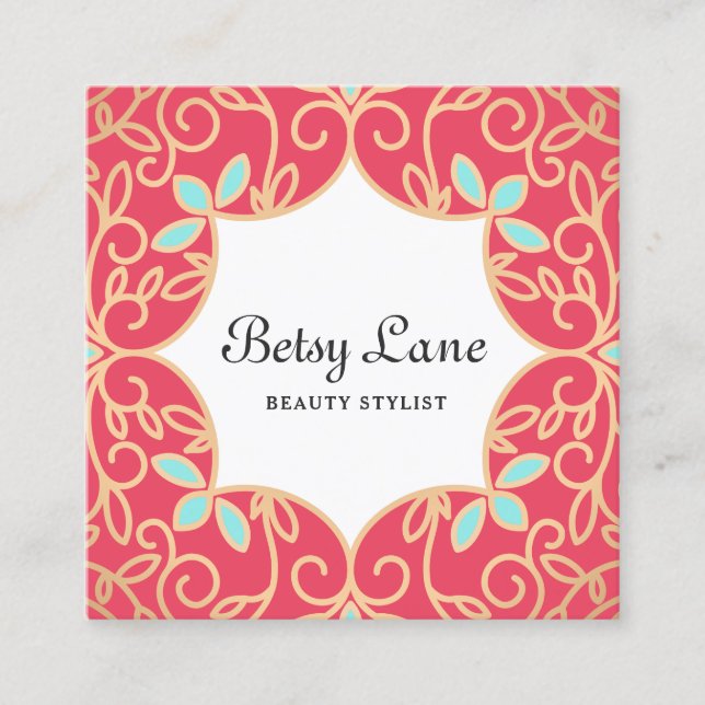 Beautiful Coral Red Rose Gold Swirls Beauty Salon Square Business Card (Front)