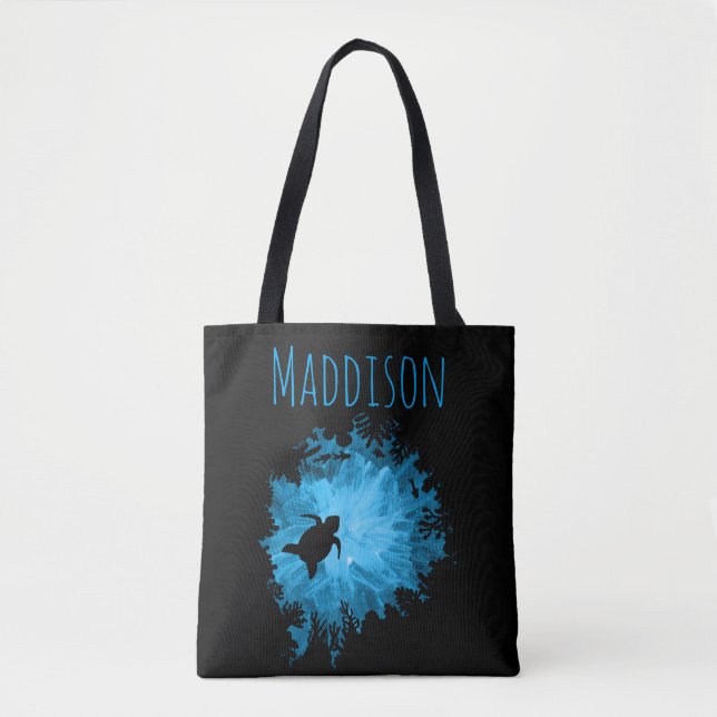 Beautiful Coral Reef Turtle Shadow Black Blue Tote Bag (Front)