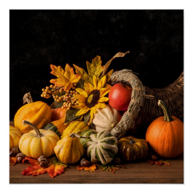 Beautiful Cornucopia Filled With Autumn Gourds Can Poster (Front)
