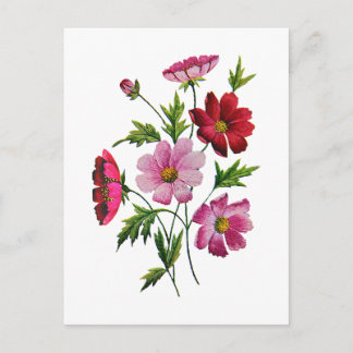 Beautiful Cosmos Flowers in Crewel Embroidery Postcard