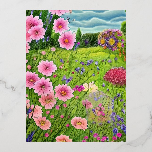 Beautiful Country Garden Flowers Illustration Pain Foil Holiday Postcard (Front)
