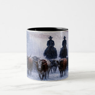 Beautiful Country Western Cowboys Winter Cattle Two-Tone Coffee Mug