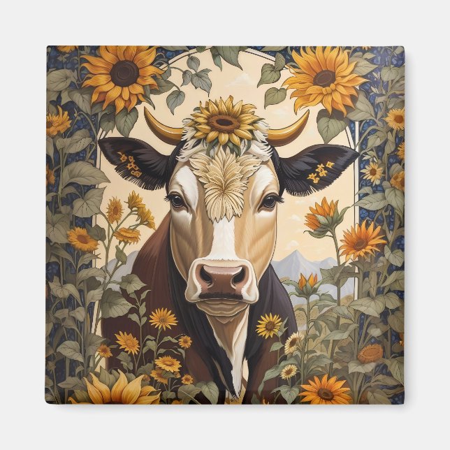 Beautiful Countryside Cow Sunflower Decorative Magnet (Front)