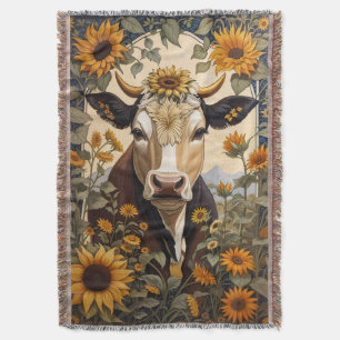 Beautiful Countryside Cow Sunflower Decorative Throw Blanket
