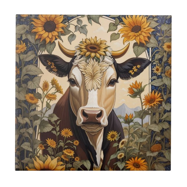 Beautiful Countryside Cow Sunflower Decorative Tile (Front)