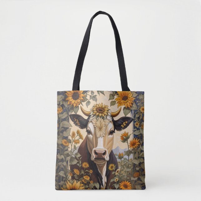 Beautiful Countryside Cow Sunflower Decorative  Tote Bag (Front)