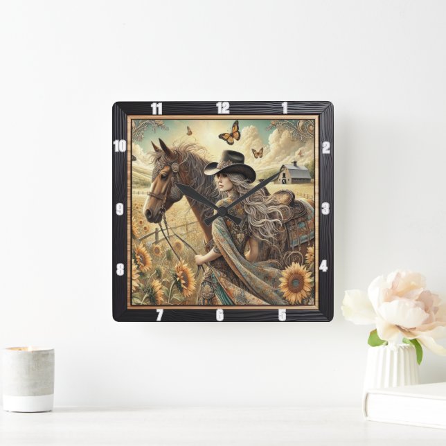 Beautiful Cowgirl and Horse Sunlit Countryside Square Wall Clock (Home)