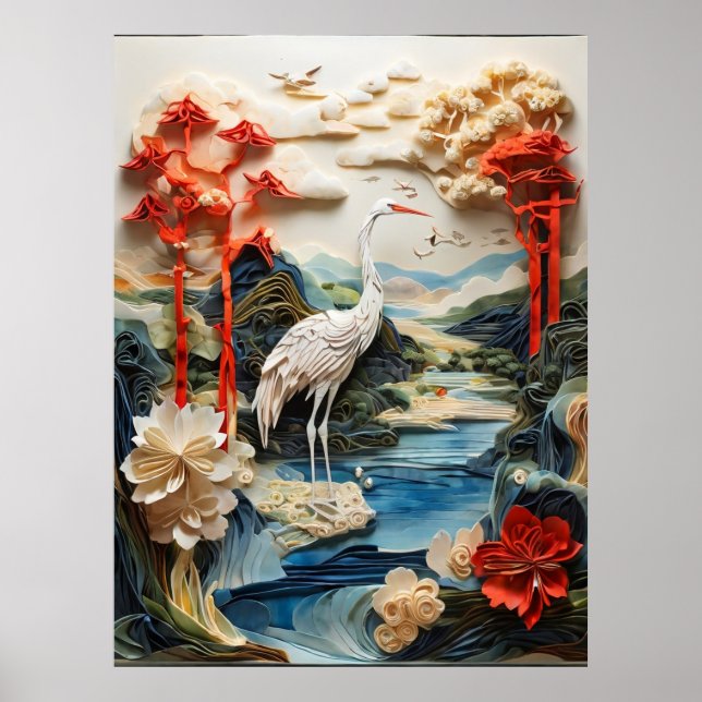 Beautiful Crane imitation Japanese paper art Poster (Front)