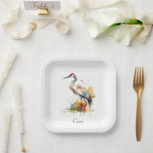 beautiful crane in watercolor paper plate
