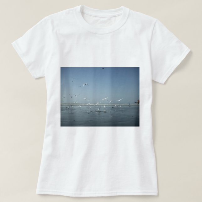 Beautiful Cranes Flying Over Water Nature's Ballet T-Shirt (Design Front)
