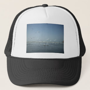 Beautiful Cranes Flying Over Water Nature's Ballet Trucker Hat