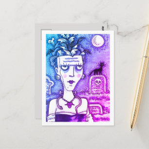 BEAUTIFUL CREEPY FRANKENELLA MONSTER, GRAVES, CAT POSTCARD