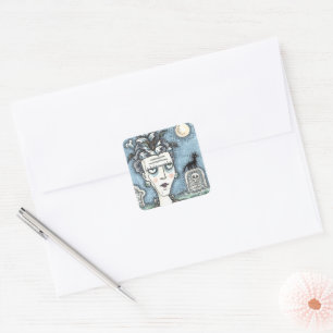 BEAUTIFUL CREEPY FRANKENELLA MONSTER, GRAVES, CAT SQUARE STICKER