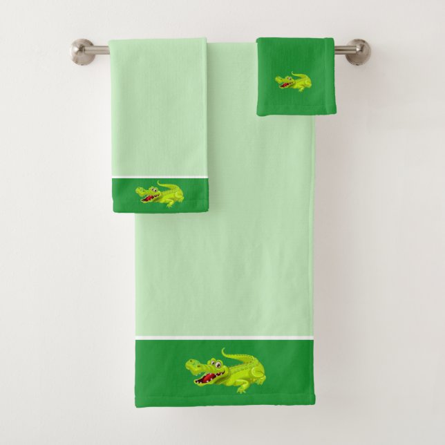 Beautiful Crocodile on Green Bath Towel Set (Insitu)