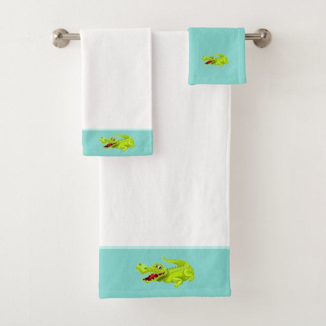 Beautiful Crocodile on Teal and White Bath Towel Set (Insitu)
