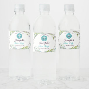 Beautiful Cross Blue Floral First Holy Communion Water Bottle Label