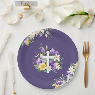 Beautiful Cross Purple Floral Religious Easter Paper Plate