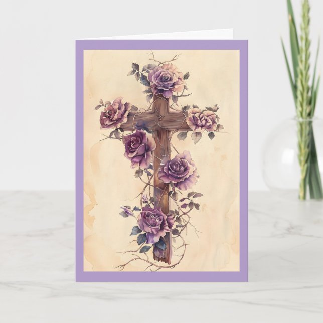 Beautiful Cross With Roses Holiday Card (Front)