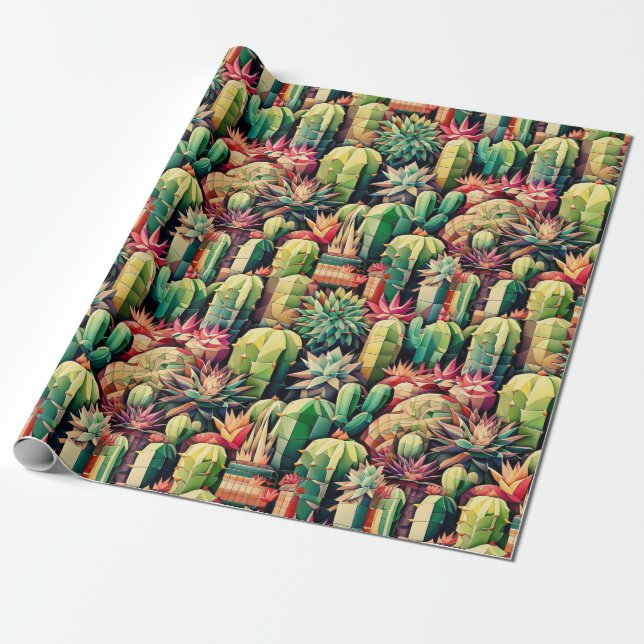 Beautiful  Cubic Cactus Pattern Wrapping Paper (Unrolled)
