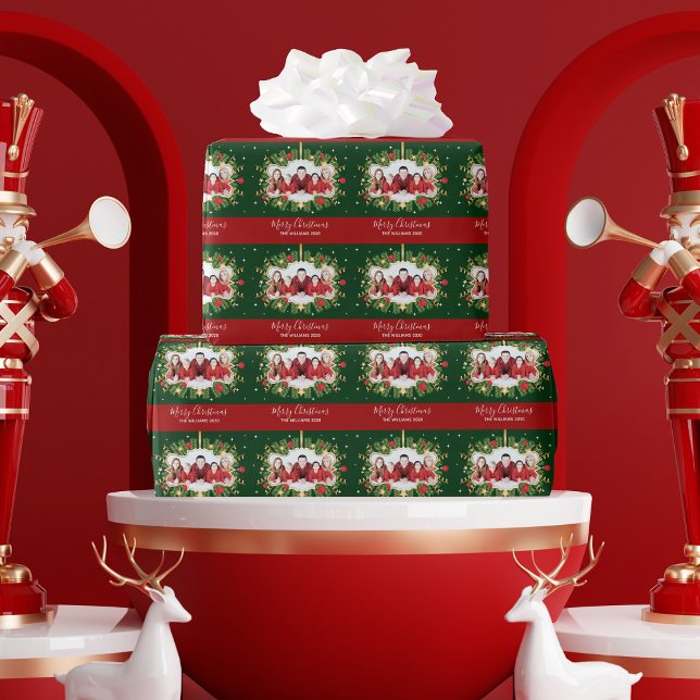 Beautiful Custom Christmas Red Green Photo Wreath Wrapping Paper (Creator Uploaded)