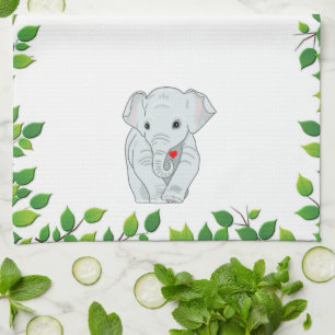 Beautiful Custom Elephant & Green Leaves on White Tea Towel