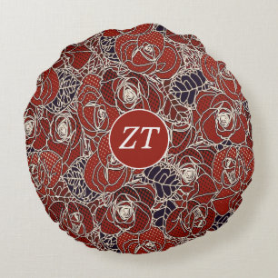 Beautiful Custom Red White Black Floral Round Cushion