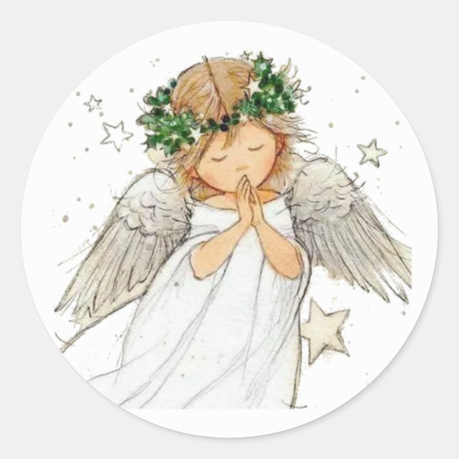 Beautiful Cute Angel Praying Rosary, Classic Round Sticker (Front)