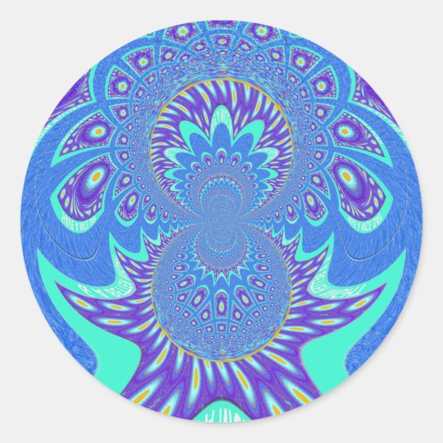 Beautiful cyan blue kaleidoscope vector art design classic round sticker (Front)