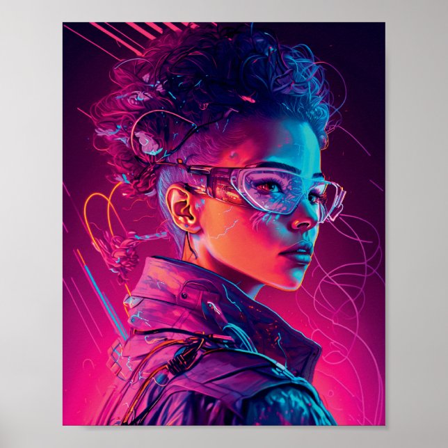 Beautiful Cyber Girl Synthwave Cool Women Portrait Poster (Front)