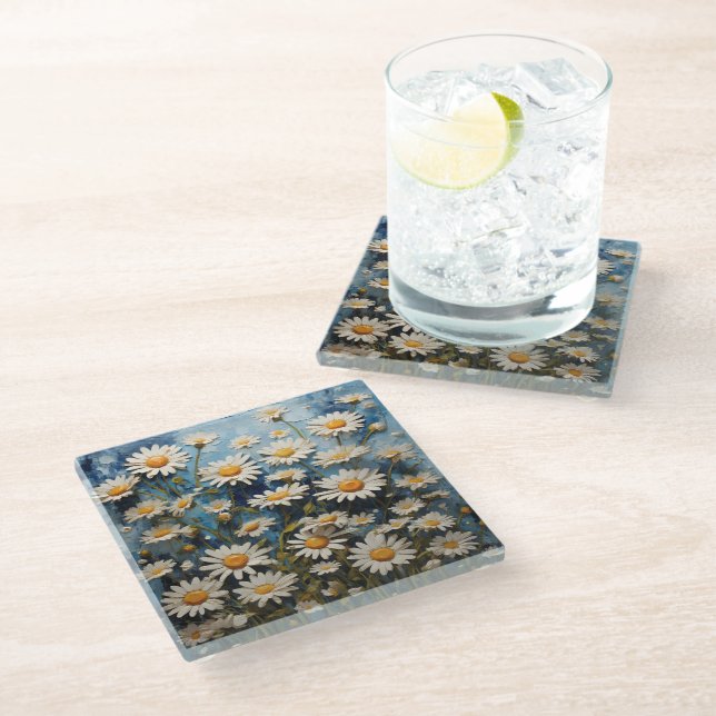 Beautiful daisies on a blue background glass coaster (Angled)