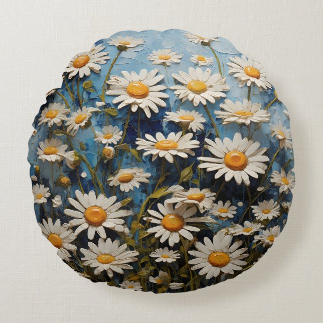 Beautiful daisies on blue background round cushion (Front)