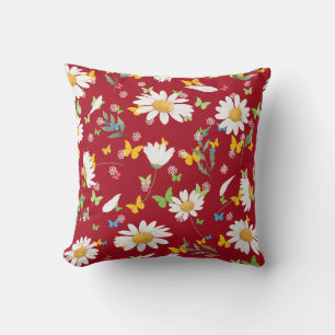 beautiful daisies Over Deep Red Background Cushion