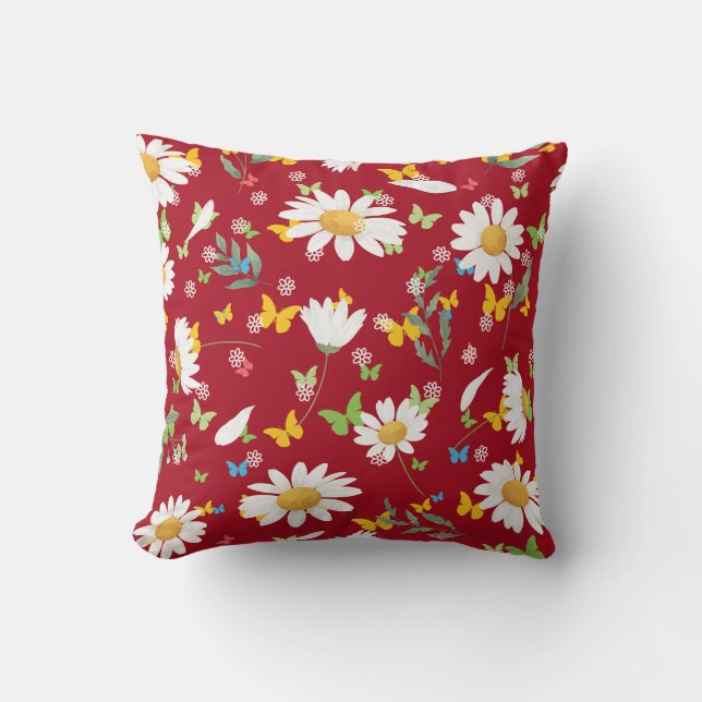 beautiful daisies Over Deep Red Background Cushion (Front)