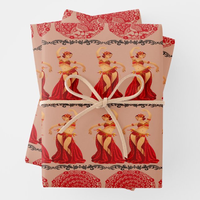 Beautiful Dancing Girls and Peacocks Pattern Wrapping Paper Sheet (In situ)