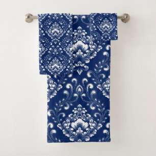 Beautiful dark blue and white floral pattern bath towel set