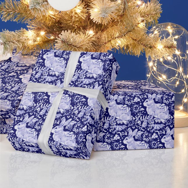 Beautiful Dark Blue & White Rabbit Dedham Delft Wrapping Paper (Holidays)