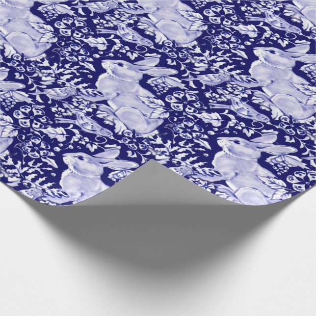 Beautiful Dark Blue & White Rabbit Dedham Delft Wrapping Paper (Corner)