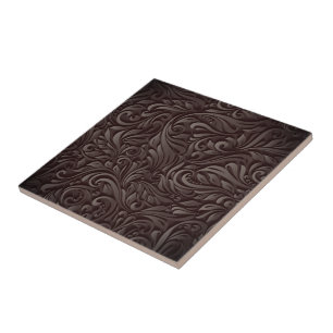 Beautiful Dark Flower Leaves - Brown Wood Carving Tile
