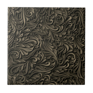 Beautiful Dark Flower Leaves - Wood Carving - Gold Tile