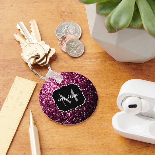 Beautiful Dark Pink glitter sparkles Monogram Key Ring (Desk)