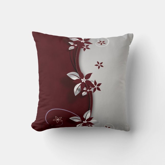 Beautiful dark red and silver grey effect flowers cushion (Front)