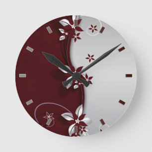 Beautiful dark red and silver grey effect flowers round clock