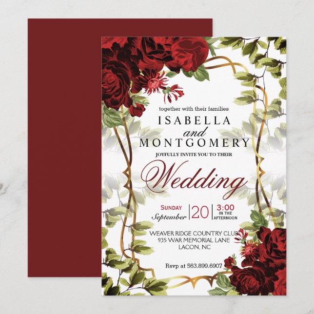 Beautiful Dark Red Floral Wedding Invitation (Front/Back)